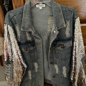 Blue Distressed Denim and Sequin Jacket